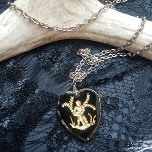 AQUARIUS Zodiac Pendant Necklace Heart shaped Black & Gold colored